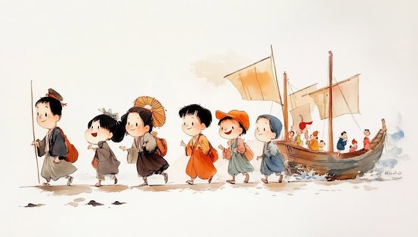 A group of immigrants landing on shore